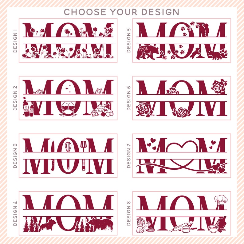 May include: Eight different designs for a "MOM" split monogram with various decorative elements. The designs include floral, wine, kitchen, bear, heart, and chef themes.