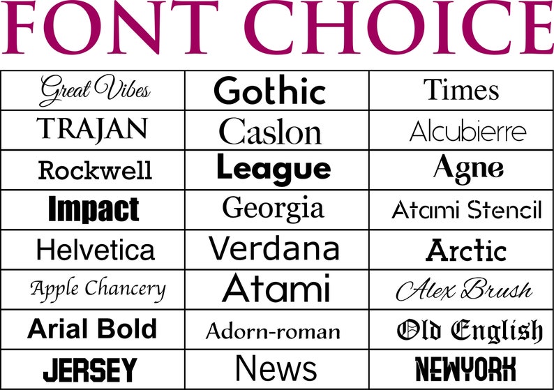 May include: A chart with a list of different font styles, including "Great Vibes", "Gothic", "Times", "TRAJAN", "Caslon", "Alcubierre", "Rockwell", "League", "Agne", "Impact", "Georgia", "Atami Stencil", "Helvetica", "Verdana", "Arctic", "Apple Chancery", "Atami", "Alex Brush", "Arial Bold", "Adorn-roman", "Old English", "JERSEY", "News", and "NEWYORK".