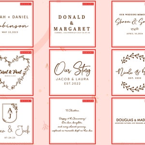 May include: Nine different wedding designs with various fonts and styles. The designs feature names, dates, and phrases like "Our Story" and "Wedding Memories".