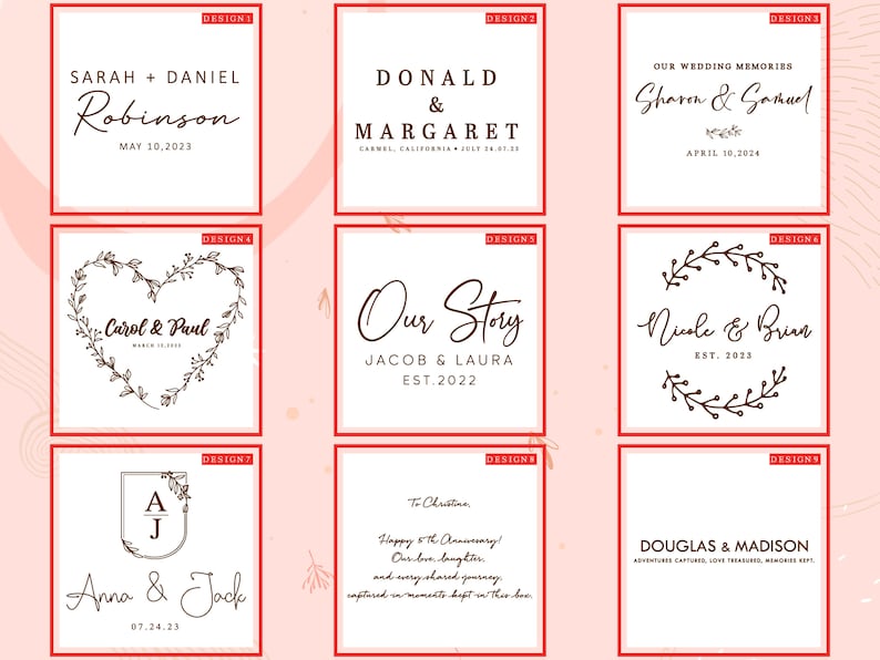 May include: Nine different wedding designs with various fonts and styles. The designs feature names, dates, and phrases like "Our Story" and "Wedding Memories".