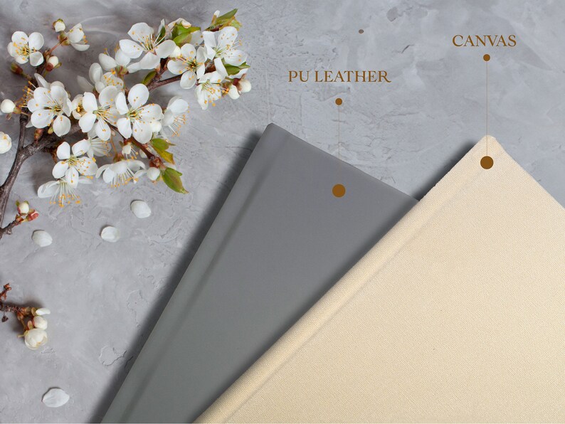 Puede incluir: Dos cubiertas de &aacute;lbum de fotos, una gris y otra beige, con las palabras "PU Leather" y "Canvas" impresas encima.
