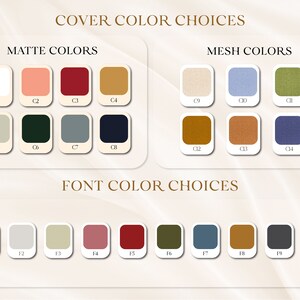 Puede incluir: Un gr&aacute;fico que muestra las opciones de color para un producto. El gr&aacute;fico est&aacute; dividido en tres secciones: Colores mate, Colores de malla y Colores de fuente. Cada secci&oacute;n tiene una fila de diez muestras de color con etiquetas.