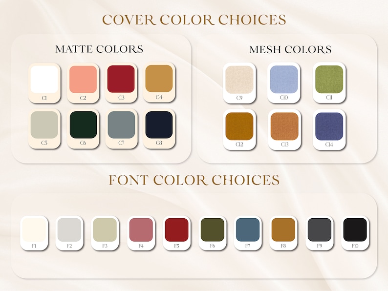 Puede incluir: Un gr&aacute;fico que muestra las opciones de color para un producto. El gr&aacute;fico est&aacute; dividido en tres secciones: Colores mate, Colores de malla y Colores de fuente. Cada secci&oacute;n tiene una fila de diez muestras de color con etiquetas.