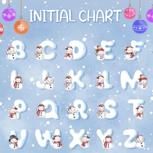 May include: A blue and white alphabet chart featuring a snowman for each letter. The chart has the title "INITIAL CHART" and is decorated with colorful ornaments.