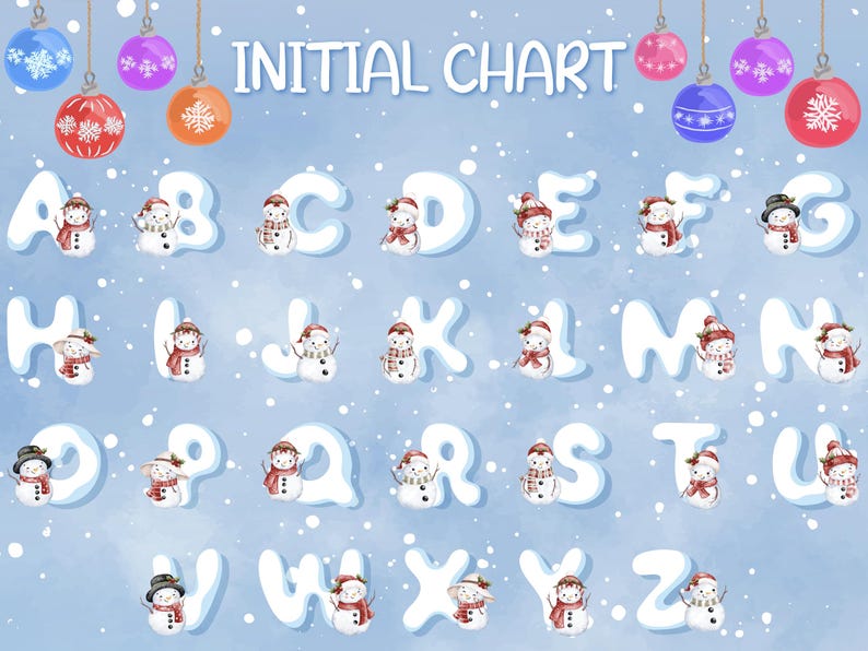 May include: A blue and white alphabet chart featuring a snowman for each letter. The chart has the title "INITIAL CHART" and is decorated with colorful ornaments.