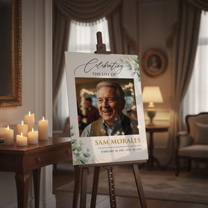 May include: A memorial sign on an easel with the text "Celebrating the Life of Sam Morales". The sign features a photo of a smiling man, with eucalyptus and string lights. The sign also includes the dates February 14, 1951 - July 28, 2023.