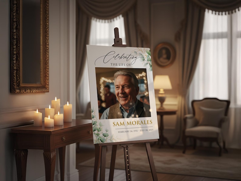 May include: A memorial sign on an easel with the text "Celebrating the Life of Sam Morales". The sign features a photo of a smiling man, with eucalyptus and string lights. The sign also includes the dates February 14, 1951 - July 28, 2023.