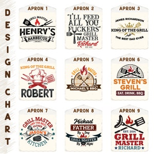 May include: A design chart for nine different grill master aprons. Each apron features a unique design with a name, a grill-related image, and a slogan. The aprons are numbered 1 through 9.