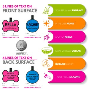 May include: Two different styles of pink and blue dog tags with text on the front and back. The front of the pink tag says "Bella, Call my mom, She's lost without me!" and the front of the blue tag says "Archie, In my defense, I was left unsupervised." The back of the pink tag says "300 Pine St, Seattle, WA 98181, 123-456-7890, Microchipped" and the back of the blue tag says "300 Pine St, Seattle, WA 98181, 123-456-7890, Microchipped". The tags are shown next to a ruler to show their size. The image also shows a series of colourful rectangular boxes with text describing the features of the tags, such as "Your pet's name engrave", "In the dark glow", "Dog tag silent", "Great with any collar", "Durable highly", and "Made from silicone".