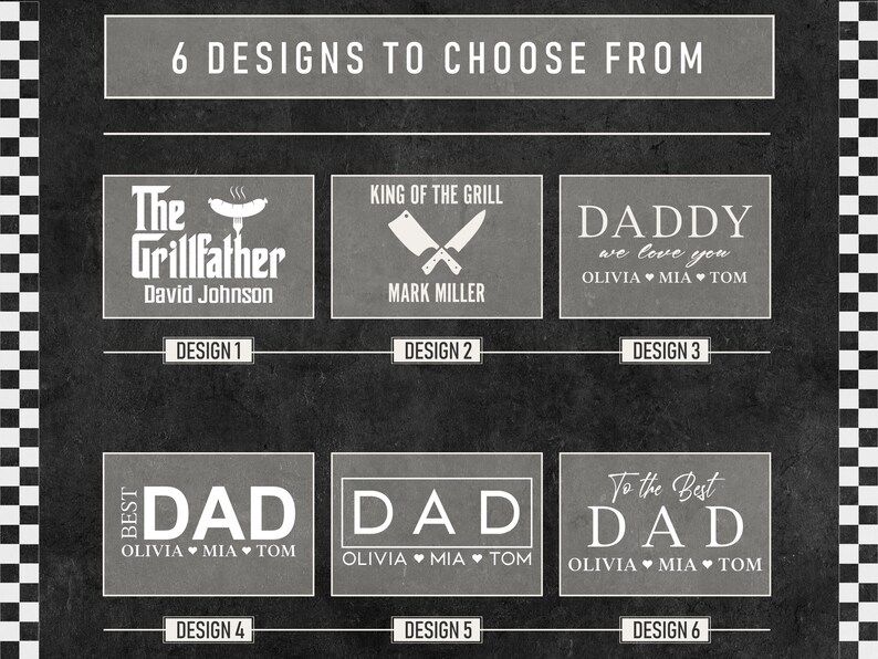 May include: Six different designs for a personalized gift. The designs feature various text and graphics, including "The Grillfather", "King of the Grill", "Daddy", and "Best Dad".