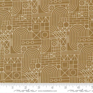 May include: Geometric patterned fabric in shades of gold and cream. The design features a repeating pattern of curved lines, squares, rectangles, and circles. The fabric is marked with a ruler along the bottom edge, with measurements in inches.