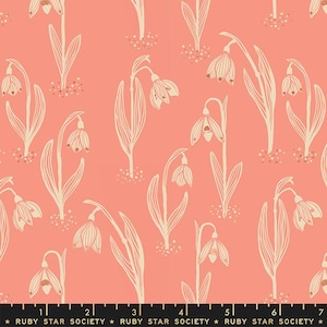 May include: A coral-colored fabric featuring a repeating pattern of stylized snowdrop flowers in cream. The flowers have delicate, linear details and are interspersed with small, dotted clusters. The text "RUBY STAR SOCIETY" is at the bottom.