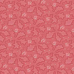 May include: A repeating pattern of stylized floral shapes and swirling accents in shades of pink and white. The design features small dots and curved lines, creating a textured appearance. The background is a solid, muted pink.