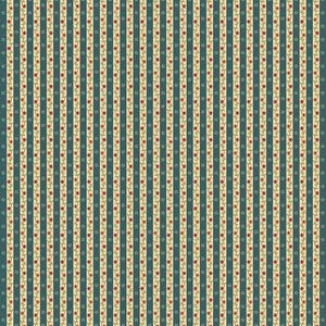 May include: A repeating pattern of vertical stripes in teal, cream, and red. The teal stripes alternate with cream stripes adorned with a floral and star design. The overall effect is a vintage, floral, and striped pattern.