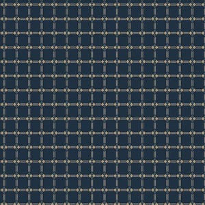 Op de afbeelding: Een herhalend patroon van donkerblauwe vierkanten en ruitvormen, met lichtbruine en lichtblauwe accenten. Het symmetrische ontwerp creëert een rasterachtig uiterlijk, geschikt voor stof of behang.