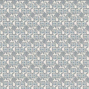 Op de afbeelding: Een naadloos patroon met een geometrisch ontwerp met een herhalend motief van vierkanten en lijnen in tinten blauw en beige.