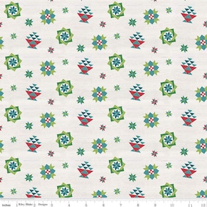May include: A white fabric with a repeating pattern of green, red and blue geometric shapes. The shapes are arranged in a symmetrical pattern and are reminiscent of traditional quilt designs.