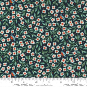 May include: Fabric with a dark blue background featuring a floral pattern. White flowers with red centers and green leaves are scattered across the fabric. Small blue birds are also present, creating a nature-inspired design.