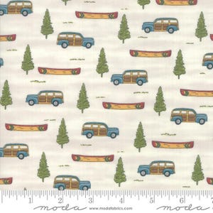 May include: Cream-colored fabric with a repeating pattern of blue and wood-paneled station wagons, yellow canoes, and green pine trees. The fabric has a vintage, outdoorsy theme, with a ruler at the bottom.