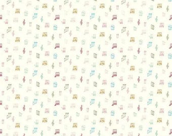 May include: White fabric with a repeating pattern of colorful musical notes and treble clefs. The fabric is 12 inches wide.