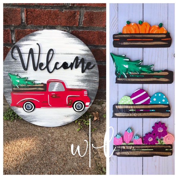 Handmade Year Round Seasonal Switch Little Red Truck Wreath Sign Set Customizable