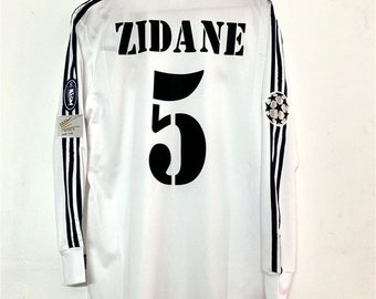 Zidane #5 Real Madrid Long Sleeve Jersey,2001-2002 Retro Classic White Black Champions League Final Long Sleeve Jersey