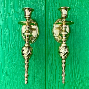 Pair of Vintage Ornate Brass Wall Sconces~Wall Mount Taper Candle Holders Candlestick Drip Plates~Hollywood Regency Mid Century Modern Home