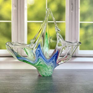 Vintage Murano Glassware Stretch Glass Dish~Candy Bowl Basket Pink Blue Green Glass~Collectible Murano Italy Art Glass Centerpiece~Sticker