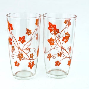 Set of 2 Vintage Hazel Atlas ORANGE Flower Swanky Swigs Drinking Glasses Tumblers~ 6" Tall 1 Pint Sour Cream~MCM Orange Kitchen Kitsch