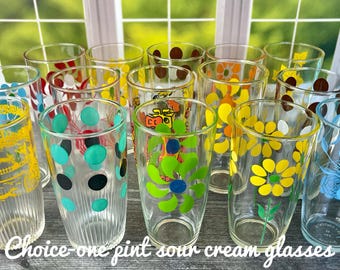 CHOICE - Copos Vintage Swanky Swig para Creme Azedo ~ Copos Hazel Atlas de 15 cm (6") com Estampas Verde Pinwheel, Amarela Daisy Unicycle e Turquesa Polka Dot ~MCM