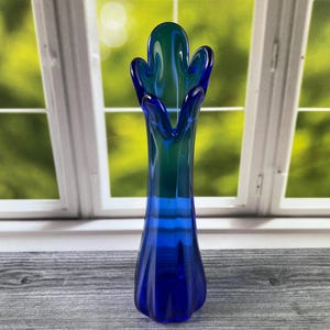 Vintage MCM Cobalt Blue 5 Finger Swung Art Glass Bud Vase Hand Blown~10 1/4&quot; Mid Century Modern Art Glass Collectible Cobalt Blue Home Decor