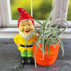 May include: A ceramic garden gnome planter with a red hat, yellow jacket, and green pants. The gnome holds an orange planter with a green plant. The planter is on a wooden surface in front of a window.