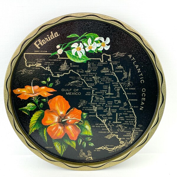 Vintage FLORIDA State Round Metal Serving Tray~Vintage Florida Map Souvenir Decorative Tray Party Platter Tray Drinkware Barware
