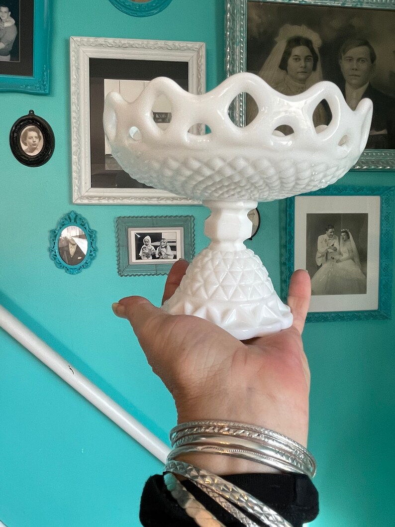Vintage White Milk Glass Pedestal Compote Candy Dish Etsy