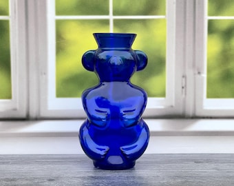 Jarrón/decantador vintage de cristal azul cobalto con forma de koala ~ Colección de cristal artístico azul de mediados de siglo ~ Regalo para amantes de los koalas