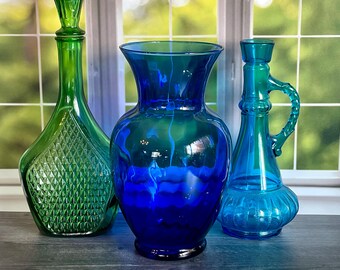 Vintage Blue Glass & White Glass Swirl Vase~ruffle Top Flower Vase