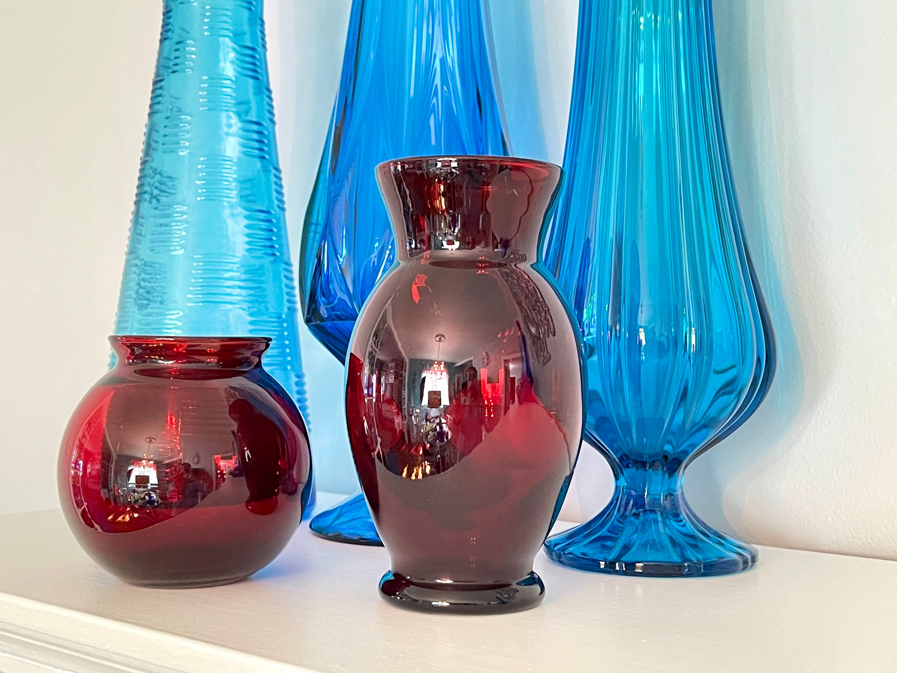 Two Vintage Mid Century Modern RED Glass Vasesanchor Hocking Etsy