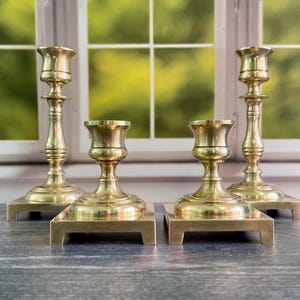 Two Pair of Vintage Brass Candle Holders Taper Candlestick Holders~Mid Century Modern Home Decor~Wedding Christmas Mantel Decor~Brass Gift
