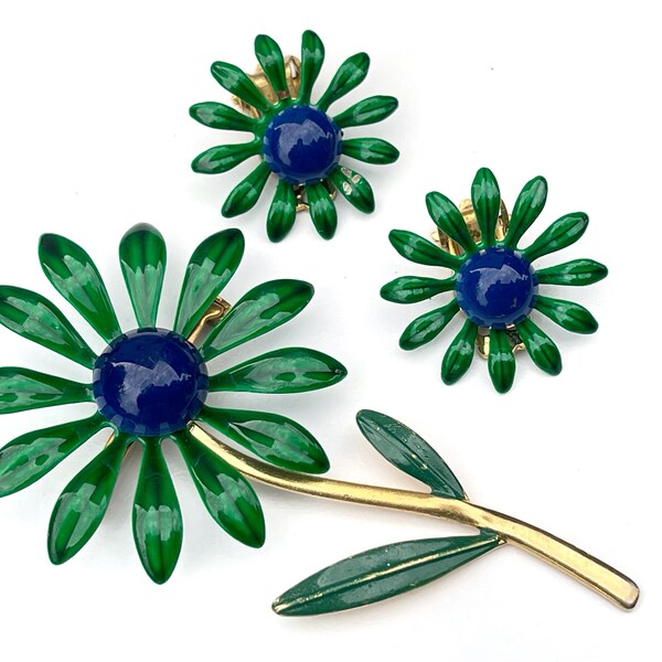 Vintage Enamel Flower Brooch Pin and Clip Earring Set~Retro Mod Green & Blue Flower Power Jewelry~Estate Jewelry~Vintage Jewelry Lover Gift