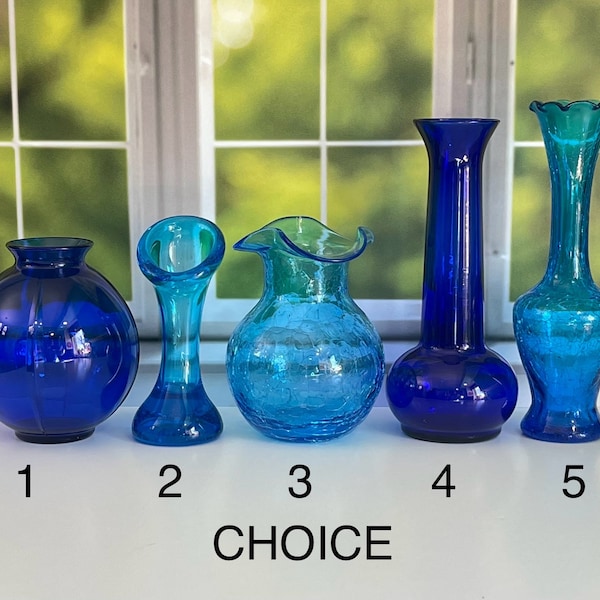 CHOICE- Vintage Blue Glass Vase Bud Vase Cobalt Blue Glass Swung Glass Hand Blown Crackle Glass~Mid Century Modern Collectible Blue Glass