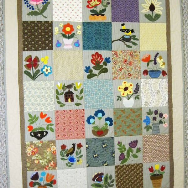 Handmade Quilted Wool Applique Wall Hanging Quilt. Flowers and Birds. Pieced Cotton Background, Wool Applique Designs, Embroidered Detail.