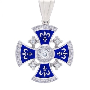 Diamond Jerusalem Cross 14K White Gold 53 Diamonds and Blue Enamel