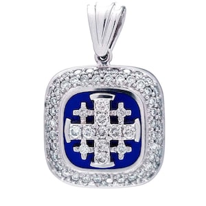 Jerusalem Cross Pendant White Gold with 77 Diamonds and Blue Enamel