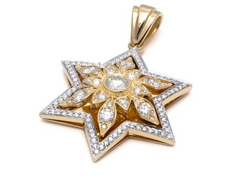 Star of David Gold Pendant with 109 Diamonds Radiant Floral Design Jewish Jewelry