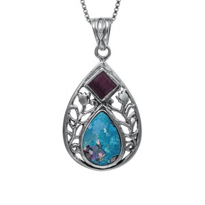 Nano Bible Drop Designed Pendant Necklace Silver 925 with Roman Glass