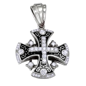 Jerusalem Cross Pendant Gold 14K With Diamonds and Black Enamel Jewelry