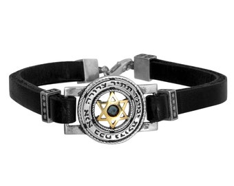 Kabbalah Men's Bracelet  Ana Bekoach Sterling Silver Genuine Leather & Black Onyx