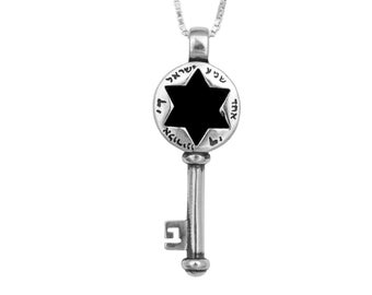 Shema Israel Blessing Star of David Jewish Key Pendant Silver 925 Black Onyx