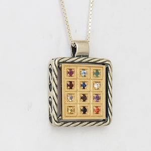 Kabbalah Rectangle Pendant with Breastplate stones Hoshen Silver 925 Gold 9K