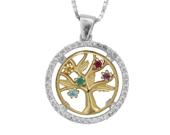 May include: A silver chain necklace with a gold pendant featuring a tree of life design with colorful gemstones. The pendant is surrounded by a circle of small white gemstones.